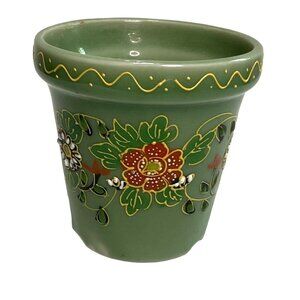 Vtg Handpainted Green Mini Planter from Japan w/ Raised Enamel Painted Flowers